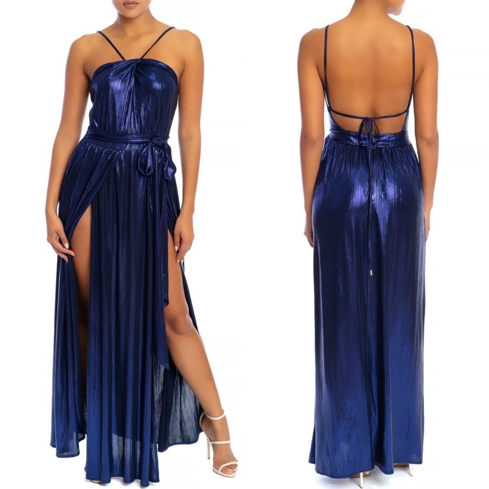 Luxxel Metallic Navy Blue Maxi Dress with Slit